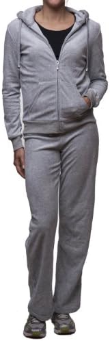 Women's Velour Jogging Hooded Fur Trim Jacket & String Pants Grey Small