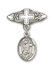 Sterling Silver Baby Badge with St. Stephanie Charm and Badge Pin with Cross