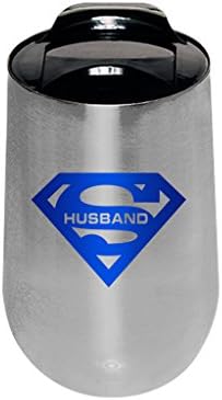 SUPER MUGS TM Super Husband Double Wall Insulated Stainless Steel Stemless Wine Glass Travel Mug, Spill Prevention Slide Lock Suction Lid, Silver and Blue, 14 oz.