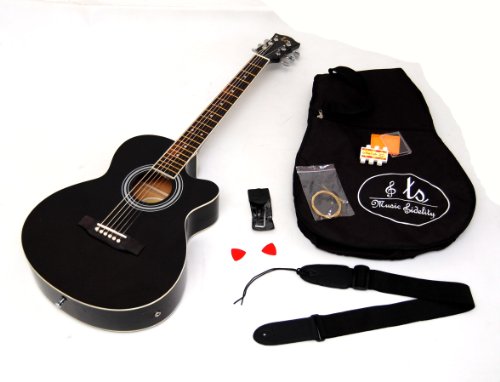 Elektro Akustik Western Gitarre in schwarz mit 5 Band EQ Tonabnehmer und Zubehörset: Tasche, Gurt, Ersatzsaiten und Stimmpfeife