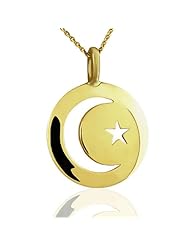 Crescent Moon and Star 14K Yellow Gold Disc Pendant