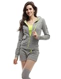 Doublju Womens Hood Sweatshirt & Shorts Set with Neon Color Point Line