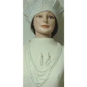 Hand Crocheted White Chenille and Gimp Gita Beret Offered with Multi Strand Fine Beads on Sterling...