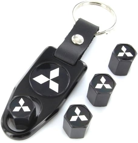 Mitusbishi Silver Logo Black Tire Stem Valve Caps + Wrench Key Chain