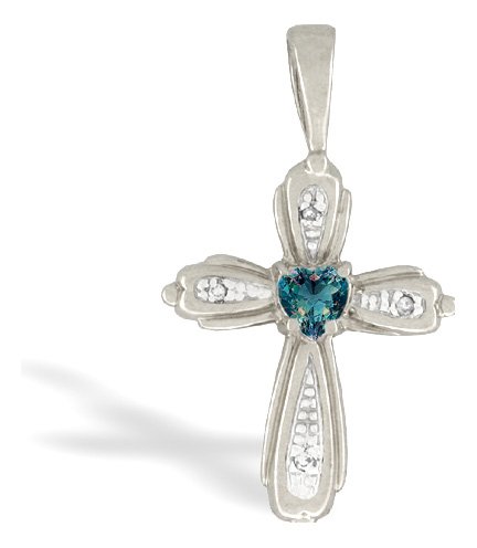 14K White Gold Square Created Sapphire and Diamond Cross Pendant