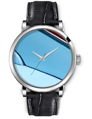 SPRAWL Aanalog Fashion Series Silver Ladies Watches of Genuine Black Leather Strap,Unique Wrist Watch for Women Girls Designed with Broken blue bar