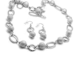 Silver Brush Metal Link Ball Necklace Earring Set Fashion Jewelry