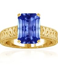 18K Yellow Gold Emerald Cut Blue Sapphire Fana Designer Ring