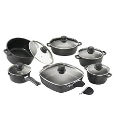 Karcher 112914 Hochwertiges 12-teiliges Aluguss Kochtopf Set mit Rechteckpfanne, Teflon Classic beschichtet, schwarz