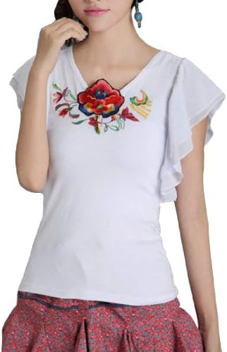 Sweet Brownie T Shirt Embroidery Chiffon Butterfly Sleeve Ruffled Slim Women Clothing