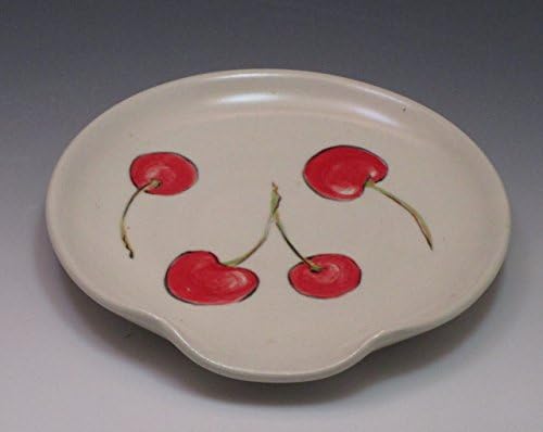 Porcelain spoon rest, hand thrown and hand painted in cherry pattern