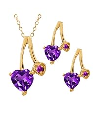 1.56 Ct Heart Shape Purple Amethyst Gold Plated Silver Pendant Earrings Set