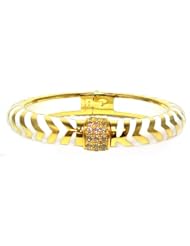 Angelique De Paris Mata Hari Vermeil 18K Gold Finish Resin Bangle Bracelet with White Chevron Pattern and White Topaz Gemstones