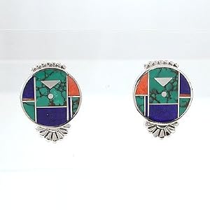 Southwestern Native American Handcrafted Turquoise, Lapis and Spiny Oyster Round Earrings by Ray Tracey in Sterling Silver, #8544