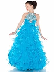 Girls Halter Floor Length Organza Crystal Crystals Beaded Empire   Waistline Pageant Dress 