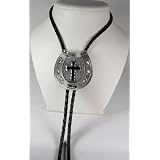 Black Cross w Horseshoe Diamondcut Pewter Religious Bolo Tie by LadyM Buckles, U.S. Buckle