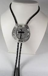 Black Cross w/Horseshoe Diamondcut  Pewter Religious Bolo Tie