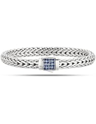Rhodium Plated Weave Blue Sapphires Bracelet In Sterling Silver With Textured Edges