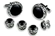 Cufflinks and Stud Set - Black Center with Sparkling Diamond Like Casing, Silver