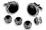 Cufflinks and Stud Set - Black Center with Sparkling Diamond Like Casing, Silver
