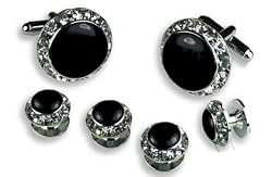 Cufflinks and Stud Set - Black Center with Sparkling Diamond Like Casing, Silver