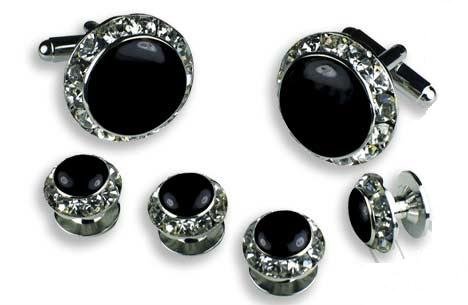 Click here to buy Cufflinks and Stud Set - Black Center with Sparkling Diamond Like Casing, Silver.
