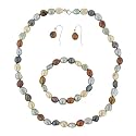 Champagne, Green, Chocolate Brown, Platinum Grey & Peacock Freshwater Cultured Pearl w/ Sterling Silver 8.5-10mm Necklace, Stretch Bracelet & Dangle Earrings Set