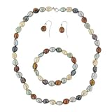 Champagne, Green, Chocolate Brown, Platinum Gray and Peacock Freshwater Cultured Pearl with Sterling Silver 8.5-10mm Necklace, Stretch Bracelet and Dangle Earrings Set
