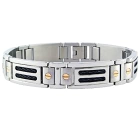 Stainless Steel Men's Black Cable Bracelet w/ 10k Yellow Gold Screws Accent, 8.25''