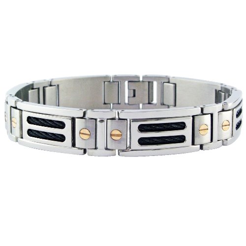41WyM0Xaz7L Stainless Steel Mens Black Cable Bracelet w/ 10k Yellow Gold Screws Accent, 8.25