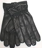 Genuine Black Soft Leather Waterproof and Microfiber Lined Luxurious Looking Gloves for Women and Teens Trimmed At Wrist with Crystals Size Xlarge