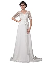 A-line V-neck Elbow Length Sleeves Floor Length Chiffon Lace Dropped   Waistline  Dress