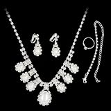 Rosallini Waterdrop Faux Pearl Center Rhinestone Necklace Earrings 4 in 1 Jewery Set