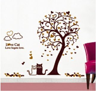 Love Cats and Tree with Hearts Wall Sticker/ Romantic Wall Decal