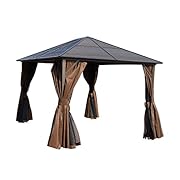 Outsunny 12’ x 10’ Steel Hardtop Outdoor Gazebo with Curtains - Brown/Black
