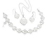 Sterling Silver Diamond Cut Heart Lock Bracelet, Earrings and Necklace Set