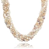 Sterling Silver Shortener Three-Strand Natural White, Pink, and Multi-Color Freshwater Cultured Pearl Necklace, 36