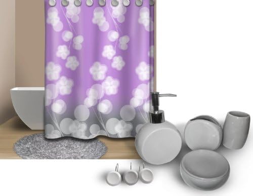 Willow Pond 6-Piece Ceramic Bathroom Shower Curtain and Vanity Set, Purple and Grey