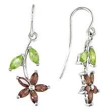 Silver Garnet and Peridot Flower Earrings
