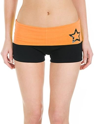 Juniors Two Tone Fold Over Cheer Spandex Shorts Pink or Turquoise (Large, Black/N.Orange)