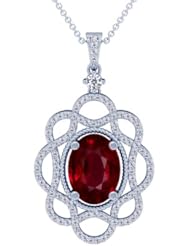 14K White Gold Oval Cut Ruby And Round Diamond Pendant