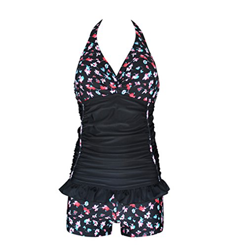 2014 New Sexy Women Surplus Size Padded One Piece Push up Shirred Splice Halter Neck Vintage Swimwear Spa Beachwear Vintage Swimsuits (black, XXL)