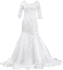 Modest Organza Elbow Length Sleeves Mermaid Lace Bateau Neck  Dress