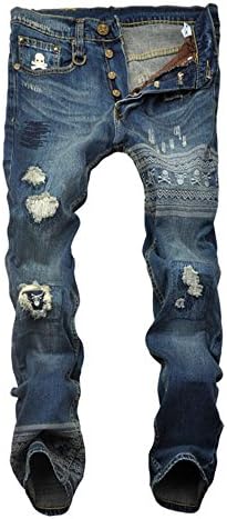 Mens Hiphop Skull Ripped Hollow Destroied Denim Jeans Straight Trousers Blue