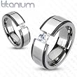 Solid Titanium 2-Tone Beveled Band Ring with Princess Cut Cubic Zirconia - Sizes: 5-13