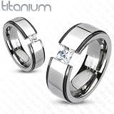 Solid Titanium 2-Tone Beveled Band Ring with Princess Cut Cubic Zirconia - Sizes: 5-13