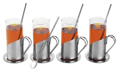 4 Teegläser mit Edelstahl Applikation und Untertasse und Löffel  ( 12 Teile )