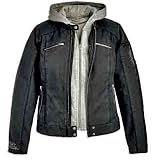 Harley Davidson Women's Dark Angel 3-in-1 Jacket--LIMITED EDITION--100% cotton canvas jacket with fixed poly/cotton lining with 100% poly sleeve lining. Mandarin collar with snap. Removable hooded polyester fleece vest can be worn separately. Zippered front and zippered cuffs. Two zippered hand-warmer pockets, two chest pockets, one sleeve pocket and two inside pockets. Custom hardware. Stitching detail at waist and shoulders. Embroidery with stud detail on left sleeve and embroidery on right sleeve. Large embroidered back graphic with stud detail. Fleece vest features two hand-warmer pockets. 97440-08VW