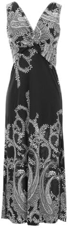 Oriental Paisley Bangkok Flower V Neck Cross-front Maxi Beach Lounge Dress (M, Black)