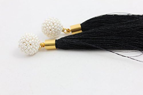 Black Tassel Earrings with Beaded Cabochons.